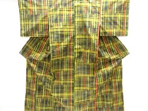 乱れ格子織り出し手織り節紬着物